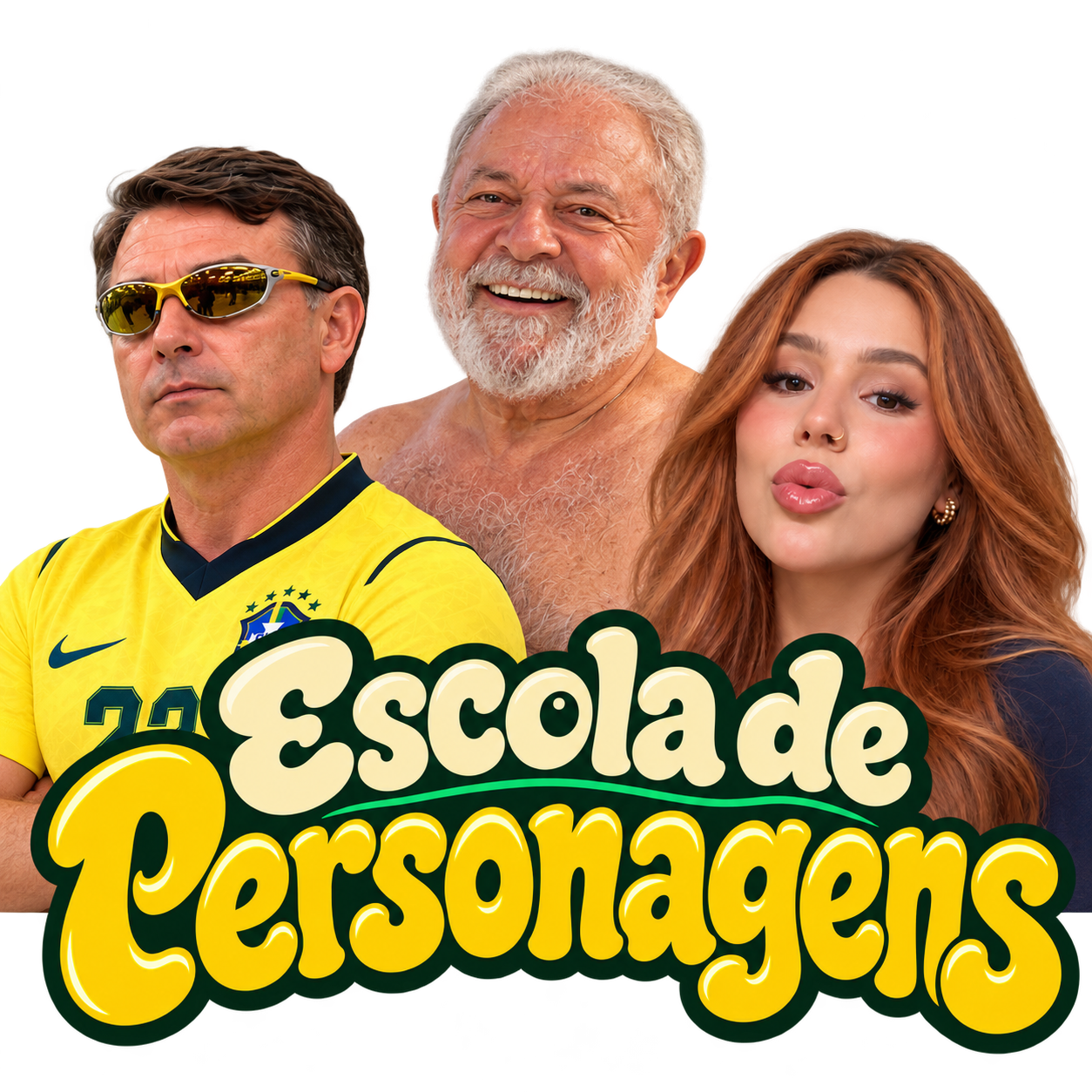 Escola de Personagens com o brasileiro de camisa 22, o nadador grisalho e uma personagem de IA